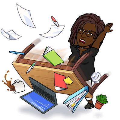 Bitmoji Black Woman with Dreadlocks tossing her desk out of frustration after reading too many "calm" comments. 